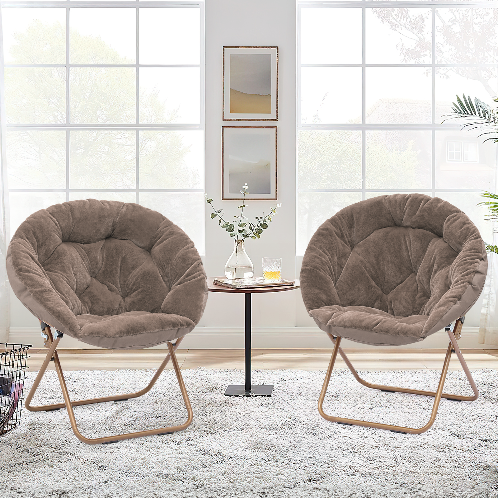 Magshion Set of 2 Comfy Saucer Chair, Foldable Faux Fur Lounge Chair for Bedroom Living Room, Cozy Moon Chair with Metal Frame for Adults, X-Large, Beige - image 3 of 10