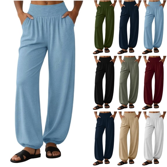 Bloomae Women's Smocked Elastic High Waist Harem Pants Lightweight Balloon Pants Loose Comfy Lounge Trousers with Elastic Cuffs and Pockets