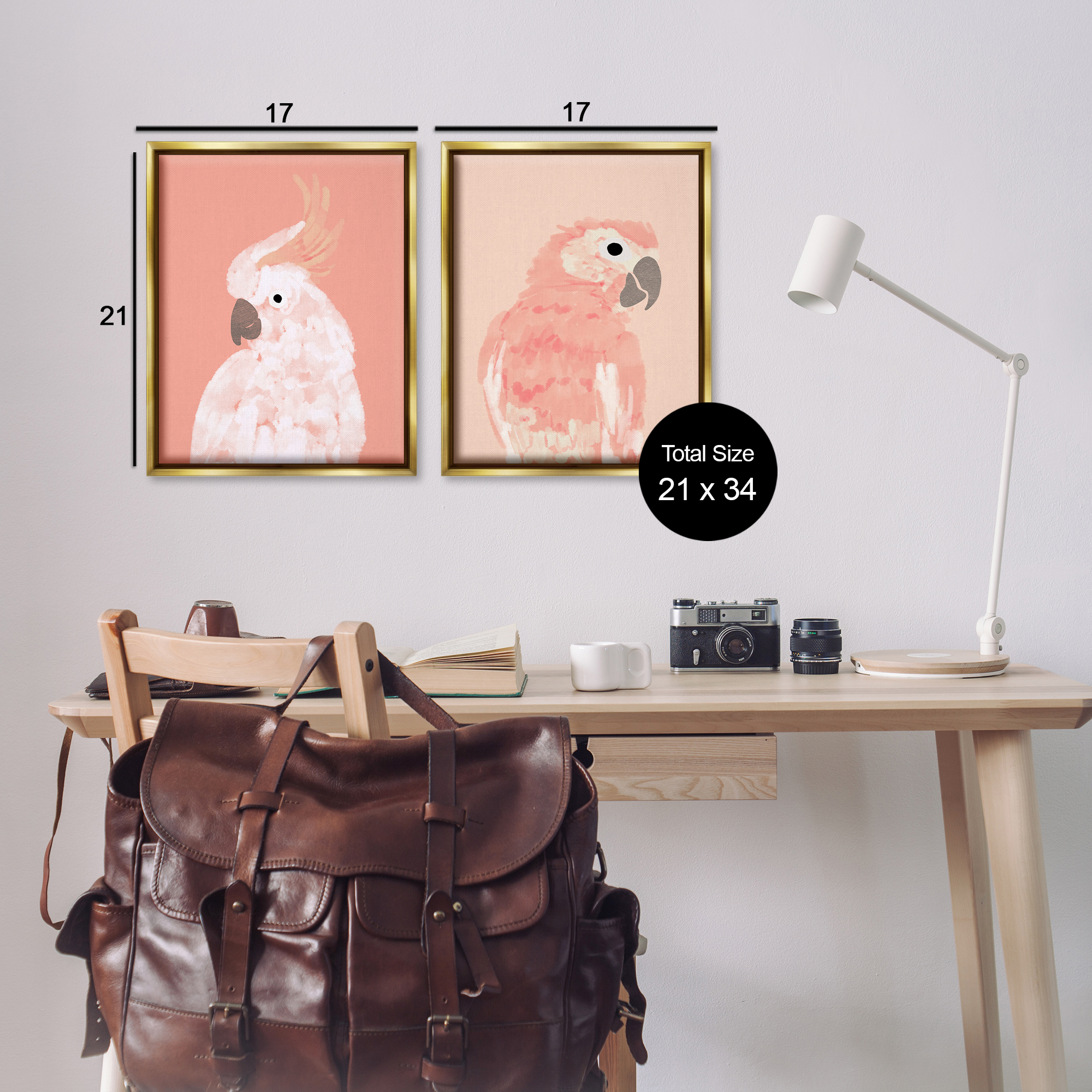 Stupell Industries Peach Cockatoo Parrot Profile Animals Painting Gold Floater Framed Canvas Art Print Wall Art, 17 x 21, Set of 2