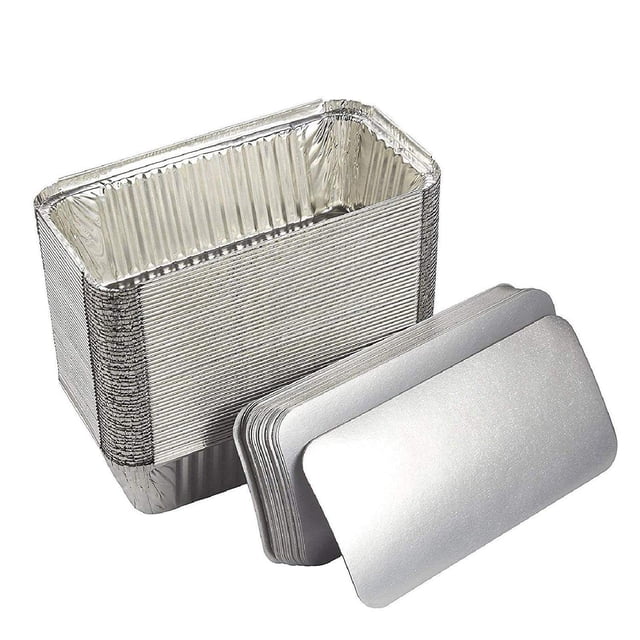 Juvale Paquete de 50 sartenes desechables de papel de aluminio de 2 libras con tapas para hornear pan, calentar, almacenar alimentos (22 onzas, 3.2 x 4.5 pulgadas)