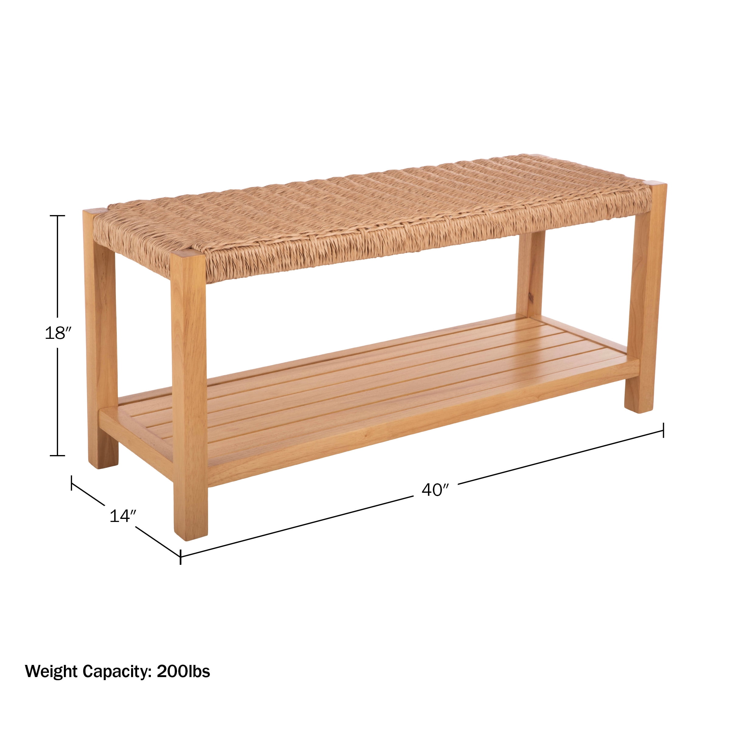 Alaterre Furniture Newport 40 in. Wood Bench with Rush Seat and Storage Shelf for Entryway or Bedroom, Natural
