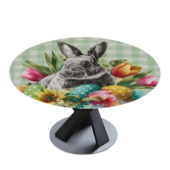 Round Premium Polyester Tablecloth Round Table Cloth Cover For Kitchen And Dining Room Bunny with Tulips & Abstract Colorful Eggs