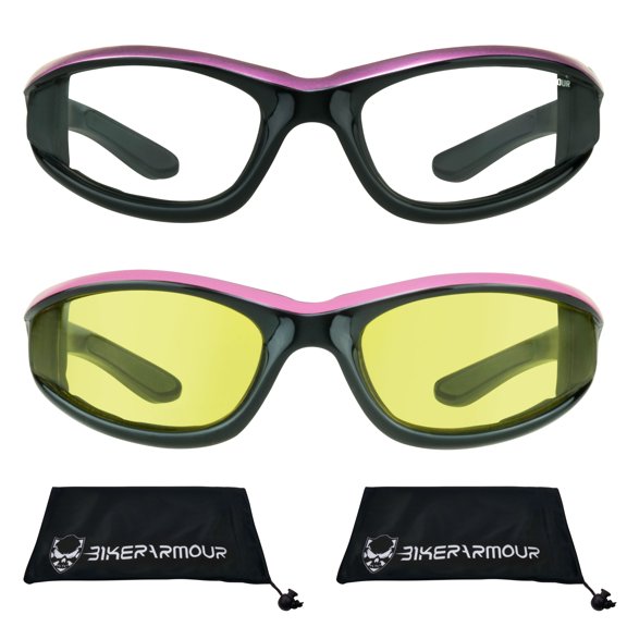 Bikershades Motorcycle Biker Night Safety Glasses Pink Women Clear & Yellow