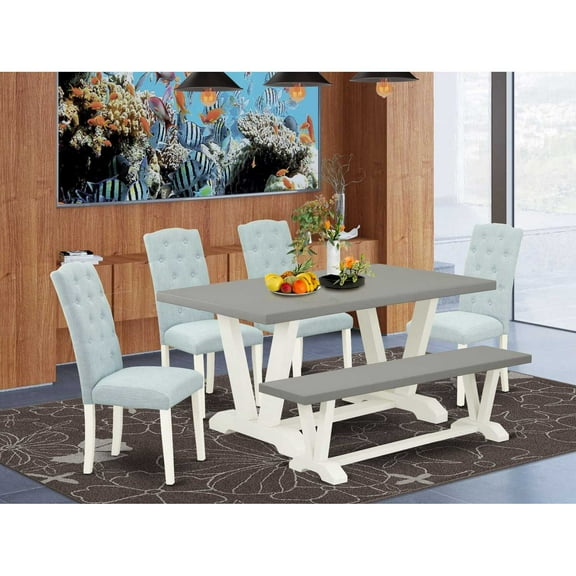 East West Furniture 6-Pc Kitchen Dining Set- 4 Dining Chairs with Baby Blue Linen Fabric Seat and Button Tufted Chair Back - Rectangular Top & Wooden Legs Wood Kitchen Table and Small Bench -...