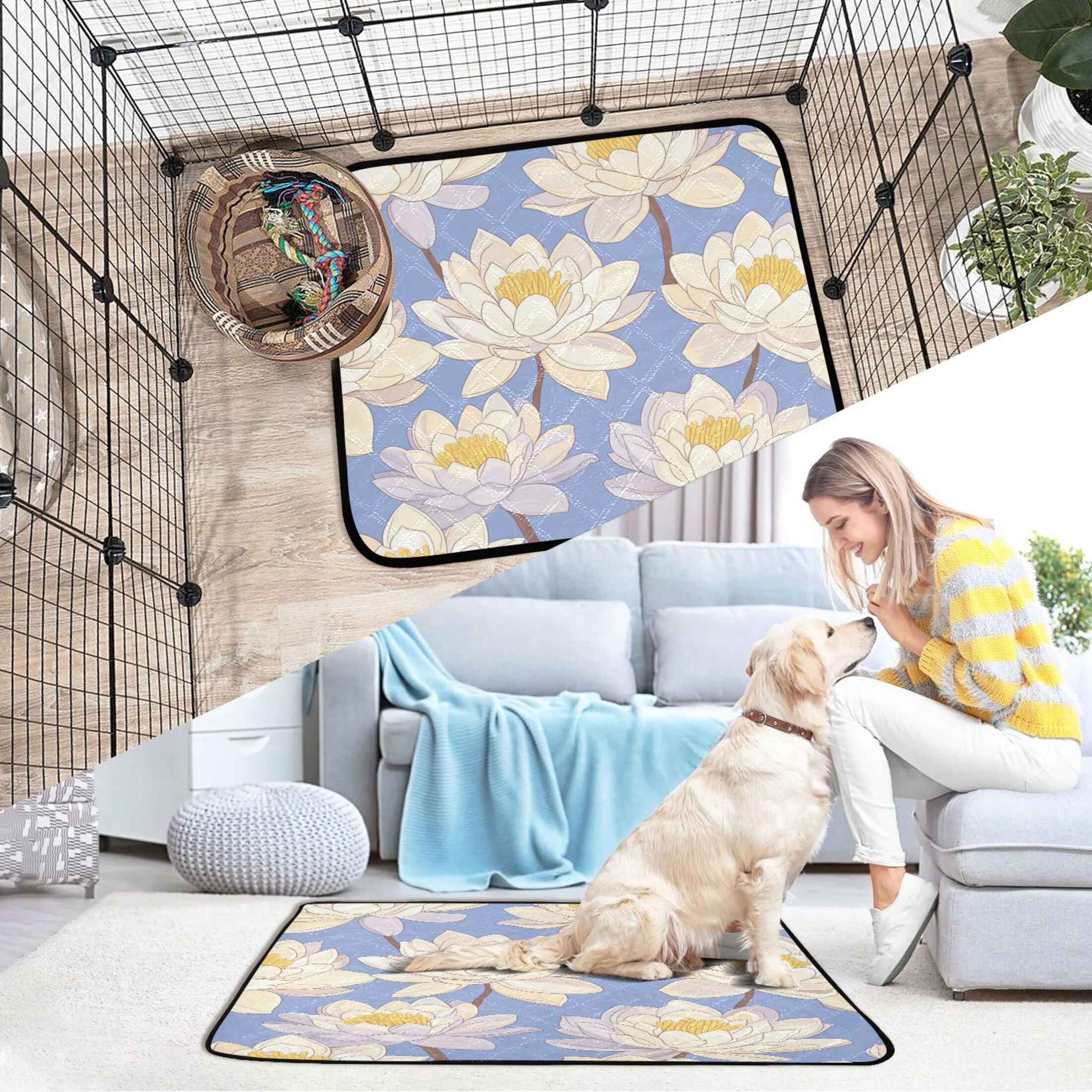 Qxltty A Seamless Pattern Of Water Lilies Cat litter Pads Pet Set of 3 Diaper Mats Center Anti-leakage Layer Absorbent Soft and Comfortable