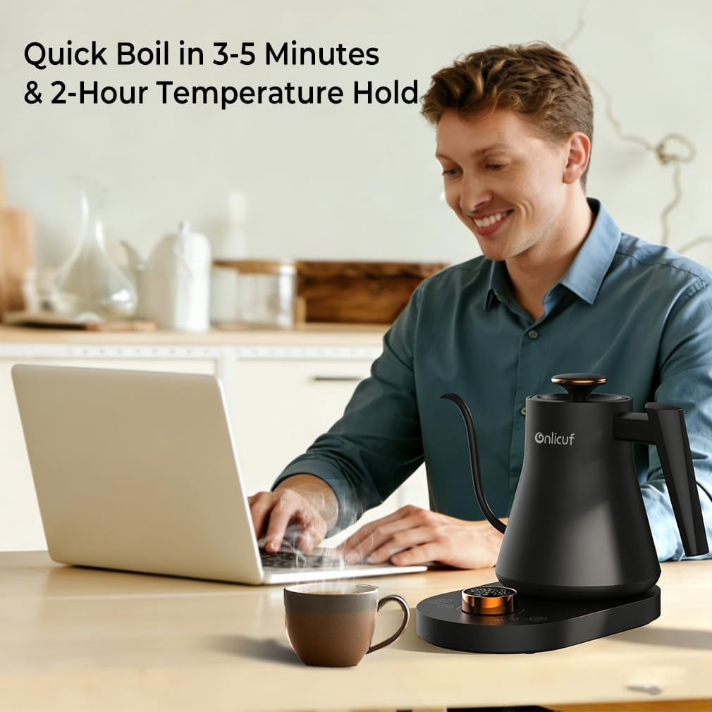 Gooseneck Electric Kettle with 7 Presets & ±1 ° F Precision Temperature Control, Pour Over Coffee & Tea Kettle, Hot Water Boiler, Stainless Steel Inner, 1000W/0.8L, Matte Black