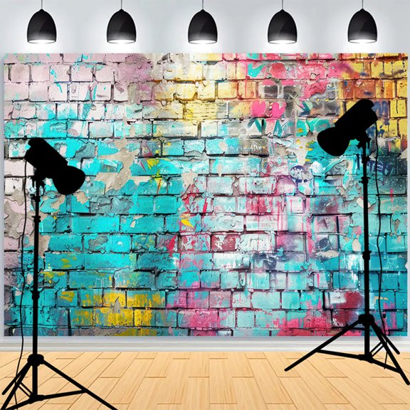 Abstract Neon Painted Brick Wall Background Damaged Rustic Texture Vibrant Graffiti Grunge Photography Backdrops BK-02