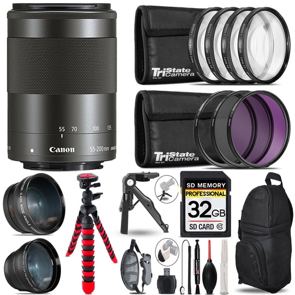 Canon EF-M 55-200mm f/4.5-6.3 IS STM Lens (Black)- 3 Lens Kit   Tripod   Backpack - 32GB Accessory Bundle (International Version)
