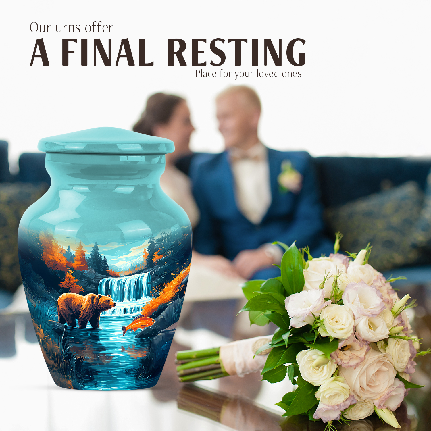 JAGASY Bear Miniature Small Urn for Mother, Blue Tiny Urns for Human Ashes Keepsake, River Trees & Blue Sky Decorative Urns for Parents, Mountain Memorial Urn for Father, (3 Inch)