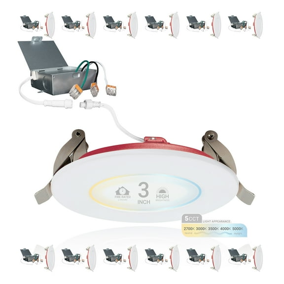 NuWatt 3 in. 2 HOUR Fire Rated Slim Canless LED Recessed Light 5CCT 27K-50K Dimmable IC Rated 12PK