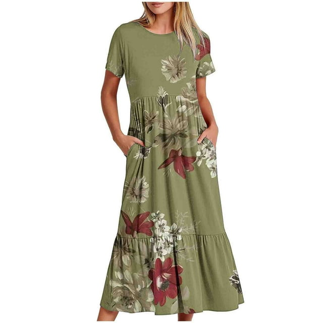 LOVZFMLL Robe Imprimée à Manches Courtes à Col Rond pour Femme Vert G