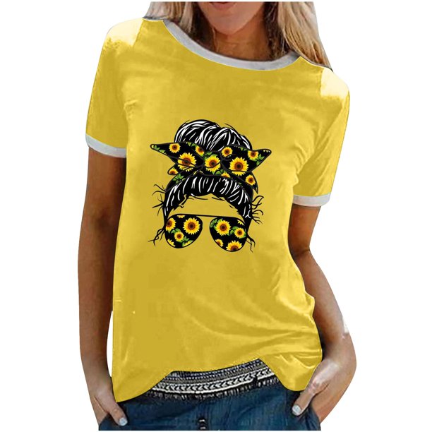 Camiseta holgada cómoda debajo de la cintura con cuello redondo y estampado elegante para mujer, blusa de manga corta, Tops informales OAVQHLG3B Store lin121212