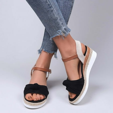 

LWVITH Wedge Sandals for Women Espadrilles Wedges Clearance Buckle Ankle Strap Open Toe Sandals Platform Sandals Casual Wedge Heels Sandals（Black， 7.5）