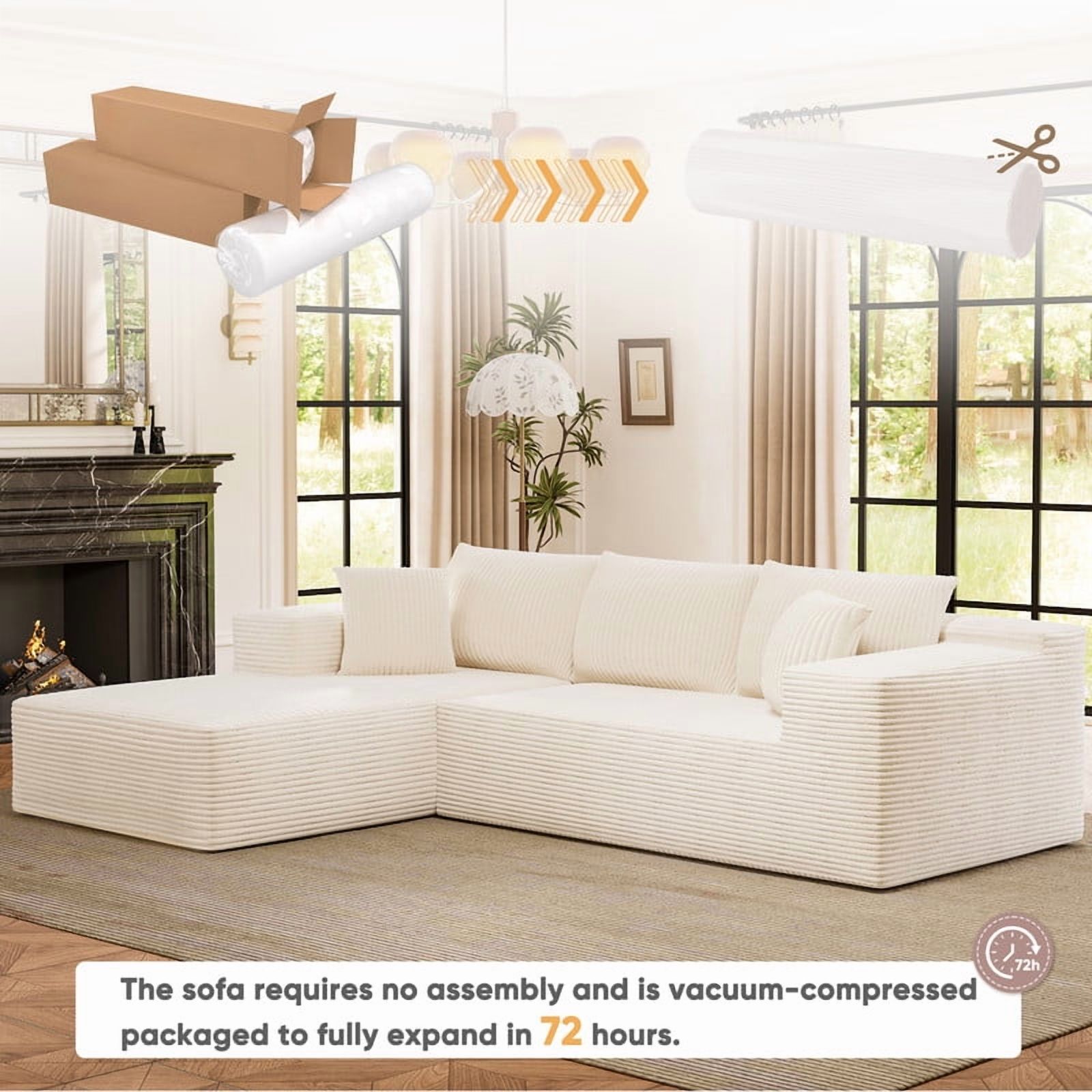 Furmax 108"  L-Shape Boneless Chaise Sectional Sofa Cloud Couch Sectional Corduroy Couch Set with Deep Seat for Living Room,Corduroy White