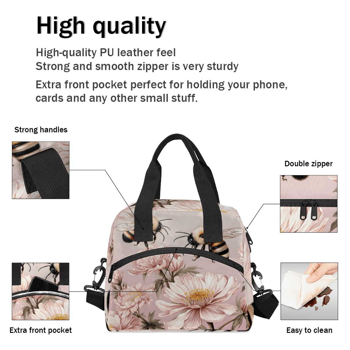 Herdesigns Bee and Flower Insulated Lunch Bag for Women Men Adults Large Reusable Lunch Box Bee Theme Leakproof Cooler Tote Bags with Adjustable Shoulder Strap