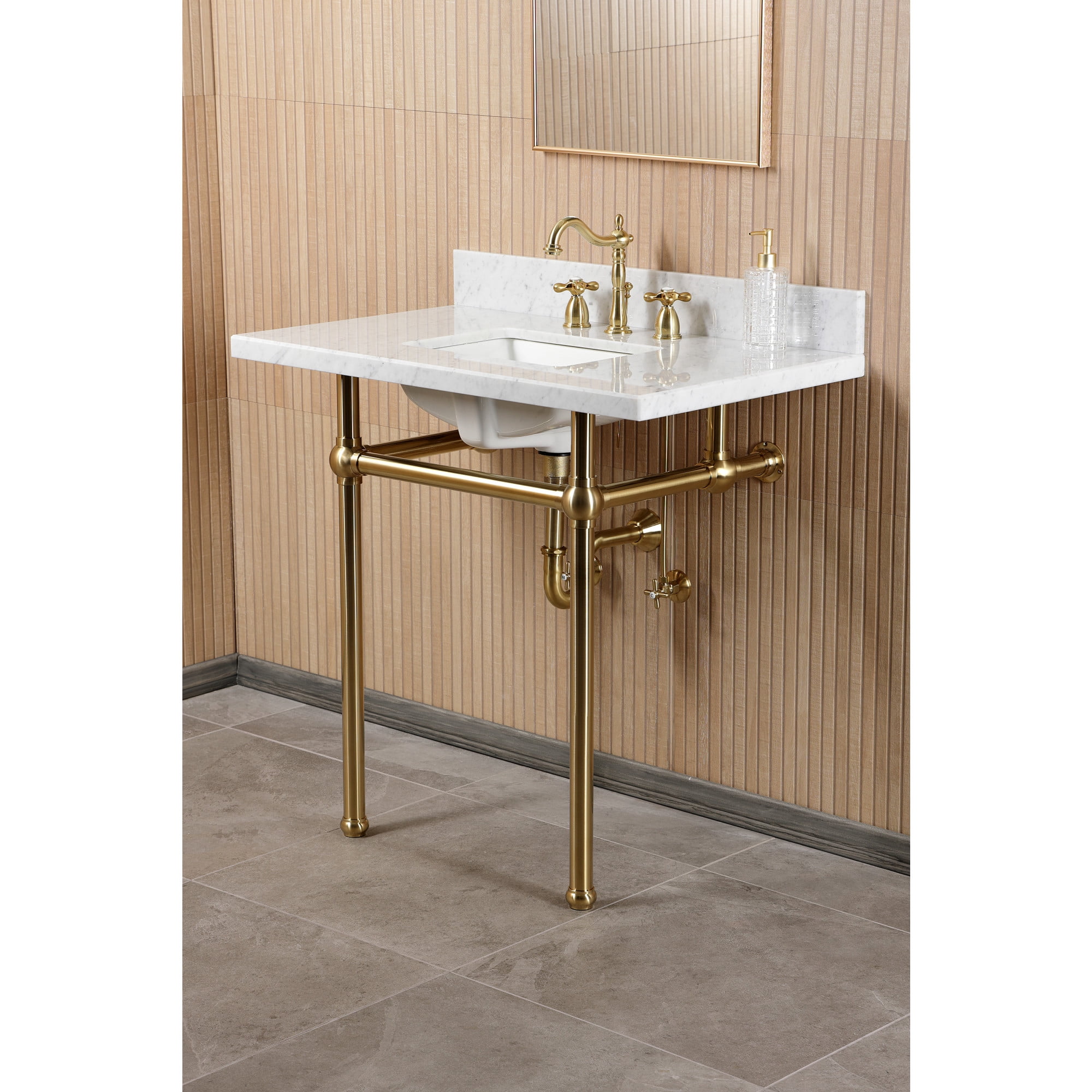 Kingston Brass CKVPB36MBSQ7 Templeton 36" Carrara Marble Console Sink Set with Widespread Bathroom Faucet and Plumbing Trim Kit (8-Inch, 3-Hole), Carrara Marble White/Brushed Brass