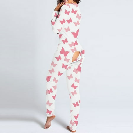 

Cntydi Pajamas for Women Gifts Women s Button-down Butterfly Print Functional Buttoned Flap Adults Jumpsuit