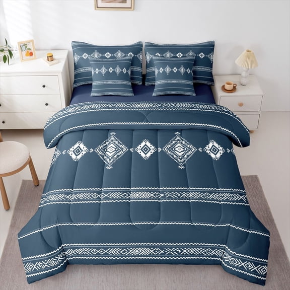 Castle Fairy Kids Teens Bohemian Aztec Twin Bedding Sets,Blue White Bedding Comforter Set