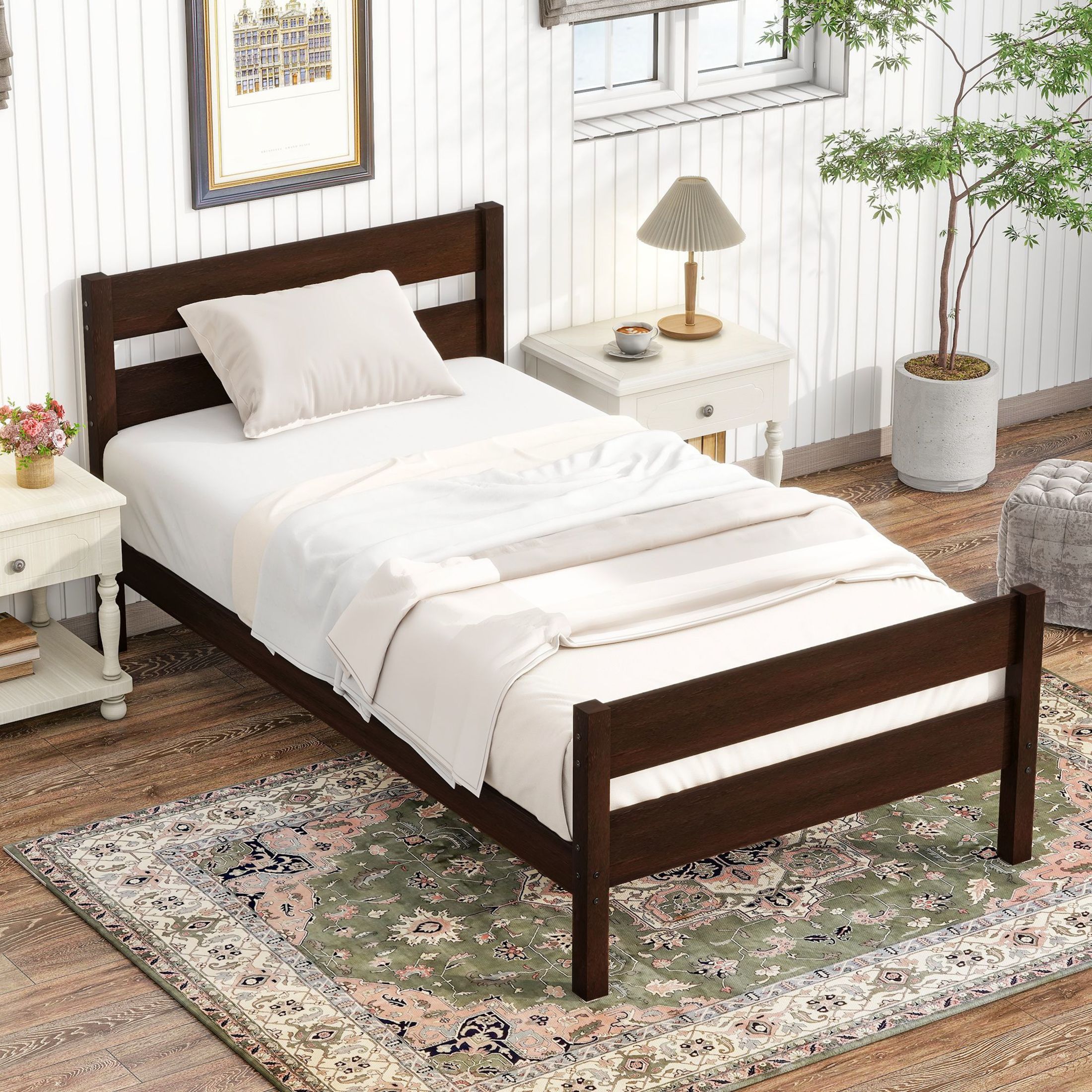 Noble House 79" Twin Bed, Solid Rubber Wood Frame with Headboard and Footboard, Minimalist Bedroom, Espresso