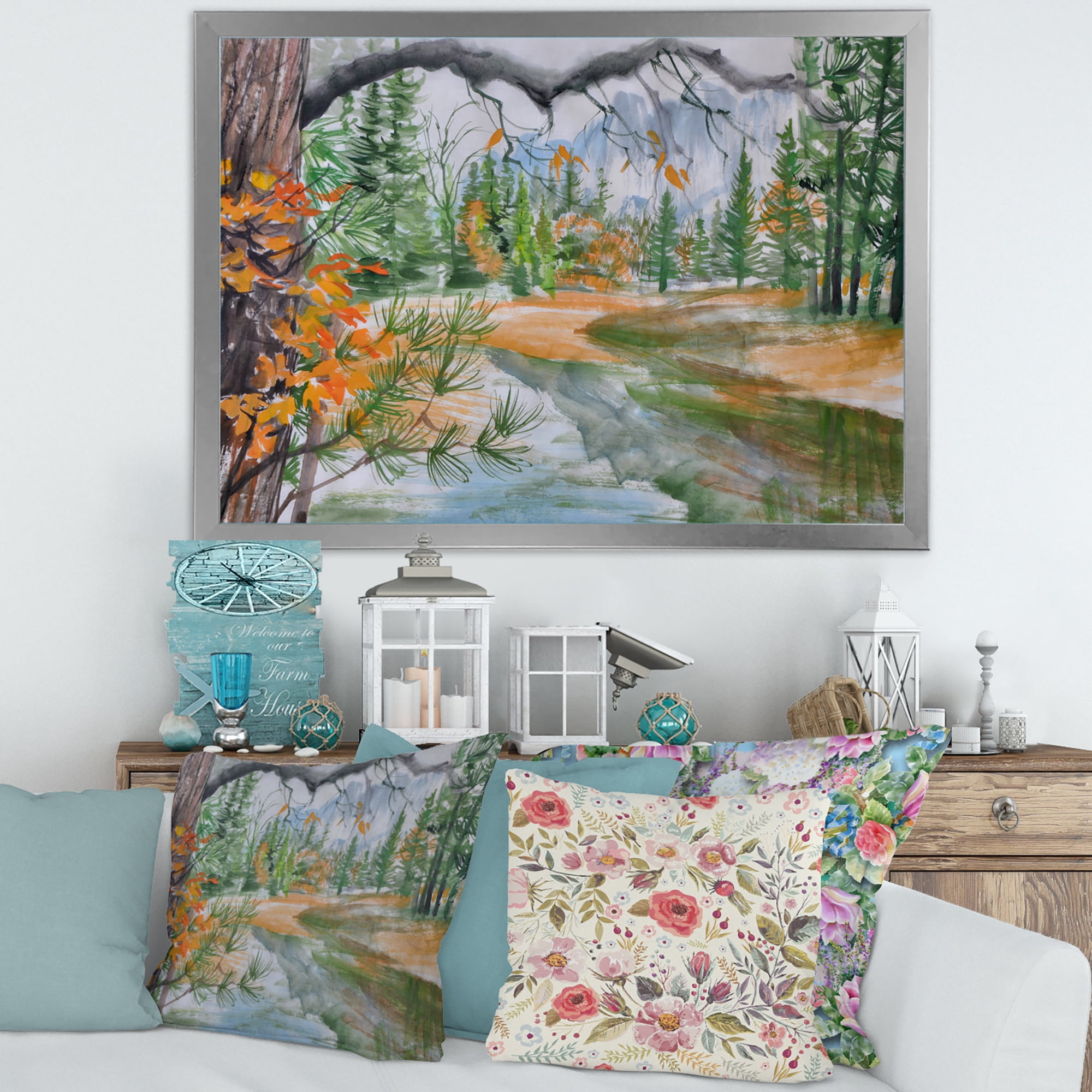 Designart 'Trees With River In Autumn Forest' Lake House Framed Art Print