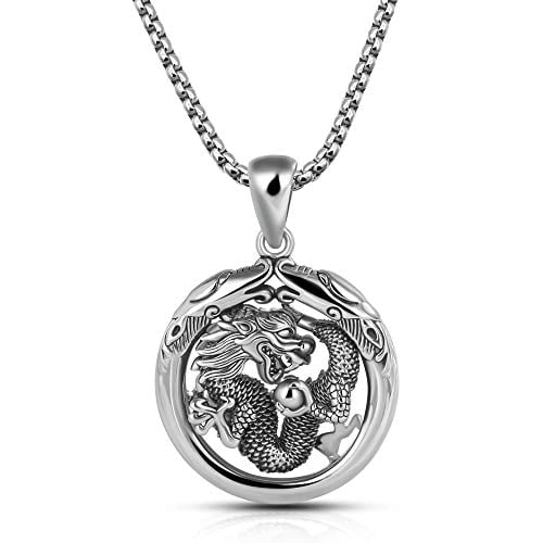 Cadeau Mens 100% 925 Argent Sterling Dragon Cercle Pendentif Collier 18 "20" 22 "24" 26 "28" Solide Chaîne en Argent Mode Bijoux Fine- Italie (24)