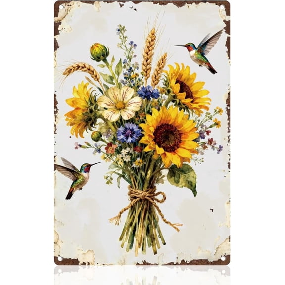 Sunflower Bouquet Metal Tin Sign, Vintage Floral Wall Art, 8 x 12 Inch Retro Wildflower Wall Decor for Home, Cafe, Bar, Garden, Kitchen, Man Cave