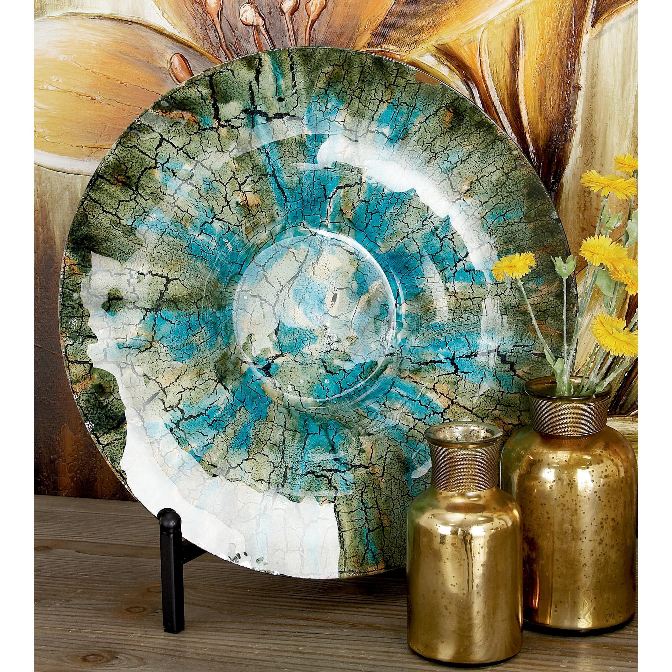 DecMode 18" Round Abstract Handmade Textured Plate Green Glass Charger with Black Display Stand