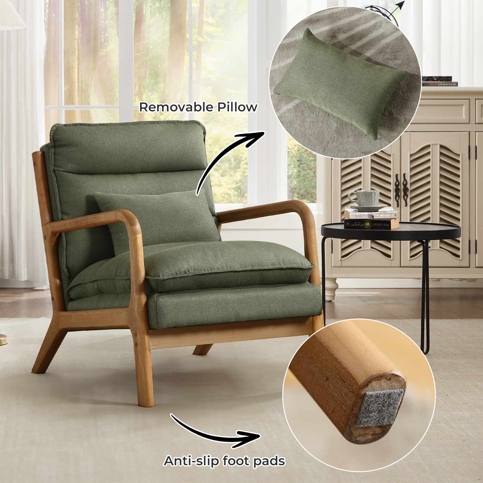Ebello Mid Century Modern Accent Chair, Double-Padded Reading Armchair with Wood Frame & Lumbar Cushion for Living Room, Bedroom & Office, Green
