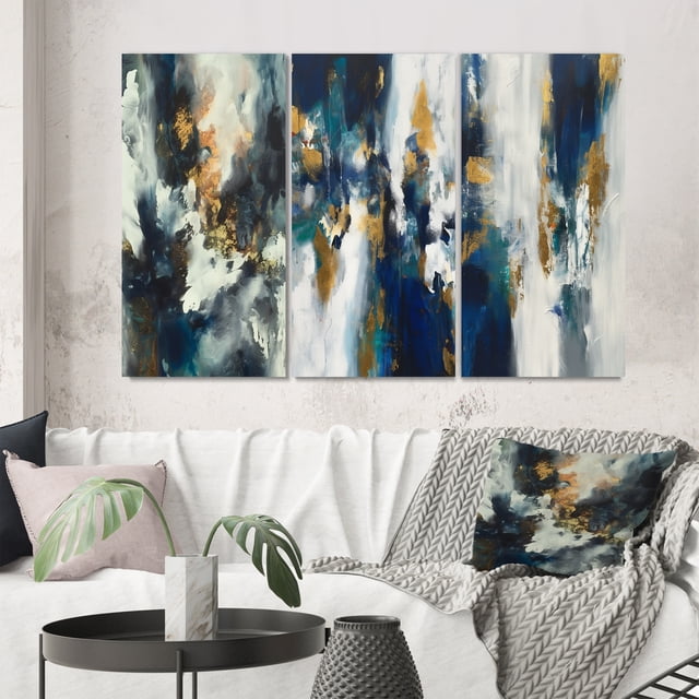 Designart "Emergence of the Radiant Muse III" Abstract Painting Wall Art Set Of 3 - Modern Gold Gallery Set For Office Decor
