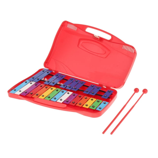 MERIGLARE 25 Note Iron Keys Xylophone Glockenspiel Mallet Percussion Rhythm Musical Instrument with Case & Beaters Develop Toy for Kids Red