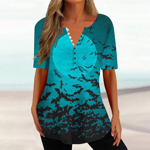 Women Short Sleeve Loose Fitting Fashion Durable Leisure Fashion Drawstring Printed Loose Thin section Christmas gift Sexy Lining Khaki Trendy Short Sleeve Size M