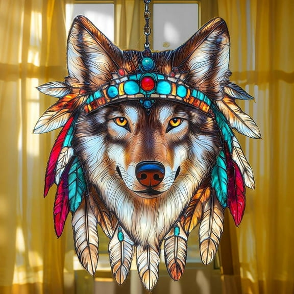 Native Wolf Spirit ACRYLIC Suncatcher – Faux Stained Glass Tribal Window Hanging – Sacred Animal Decor Gift for Nature Lovers