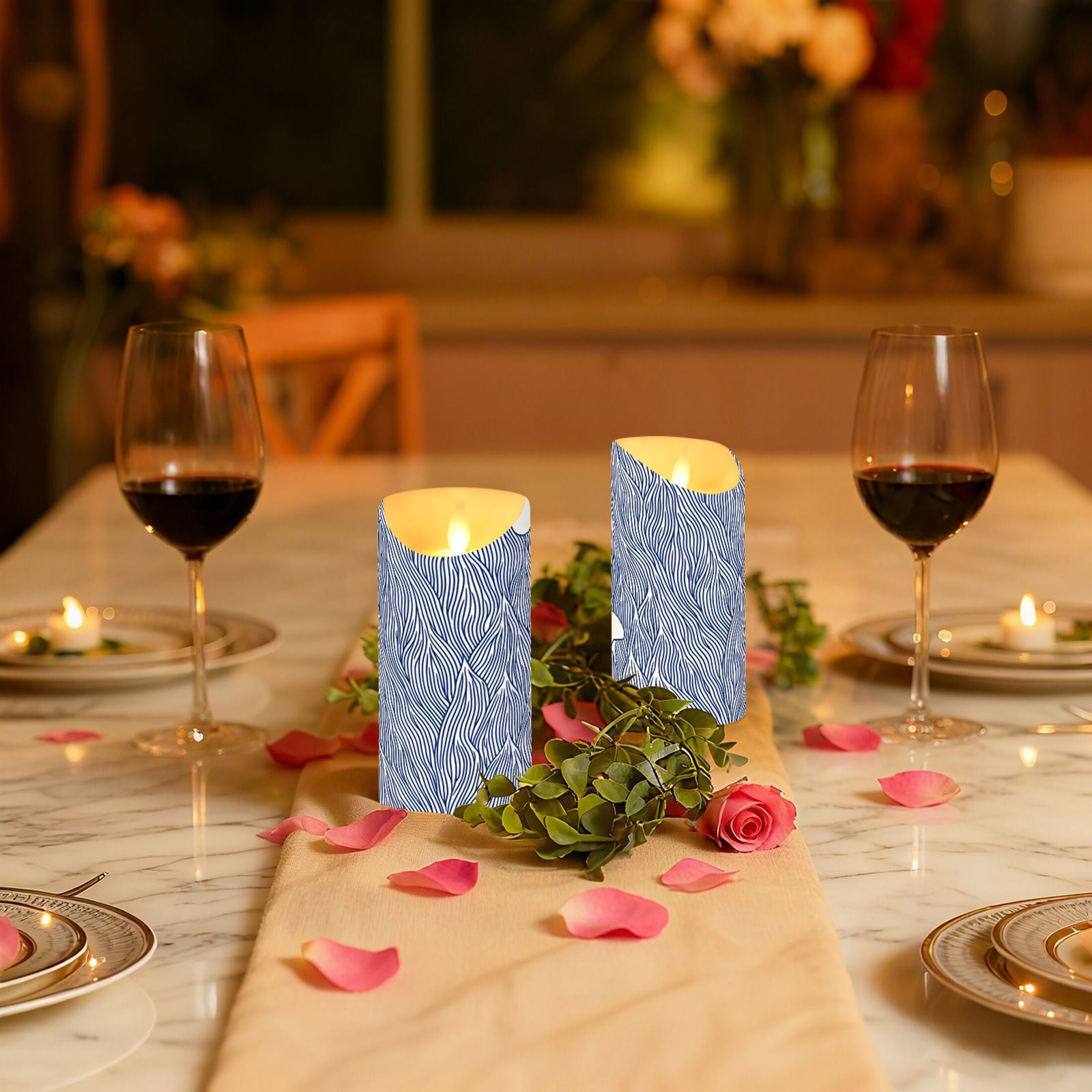 Navy Blue Wave Pattern Flameless Candles 2 PCS with Remote Realistic Moving Flame LED Tapered Pillar Set for Home Decor