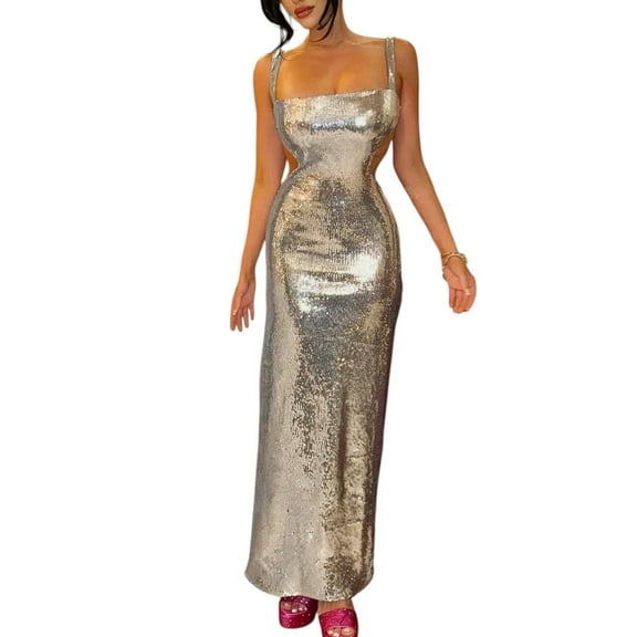 Women's Sequin Maxi Dress – Sexy Backless Glitter Evening Gown for Party Prom Formal Events