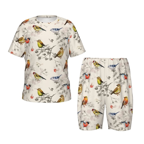 Balery Little Birds Conjunto de Pijama Infantil de Manga Corta con Estampado – Ropa de Dormir de Algodón Suave-Large