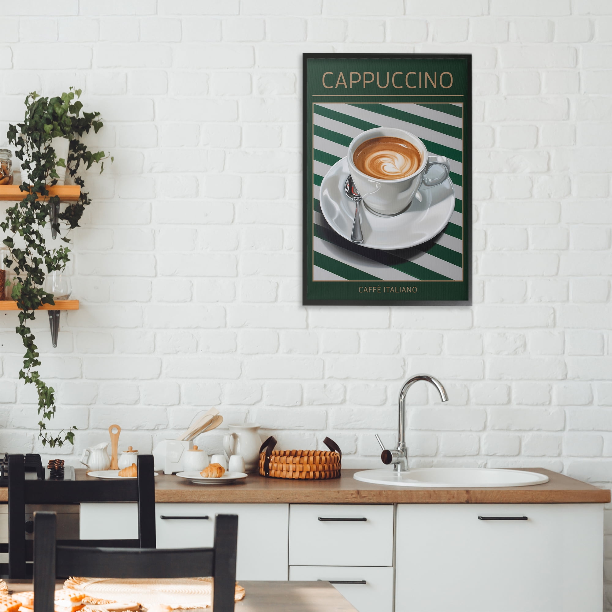 Stupell Industries Cappuccino Coffee over Stripes Black Framed Giclee Art, design by Andreas Magnusson