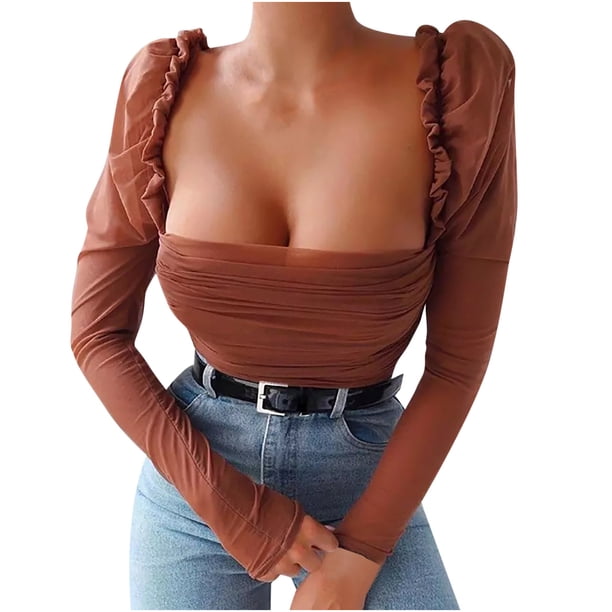 Camiseta de malla de manga larga ajustada con volantes de tubo con volantes sexy informal a la moda para mujer Pompotops gfhjh19033