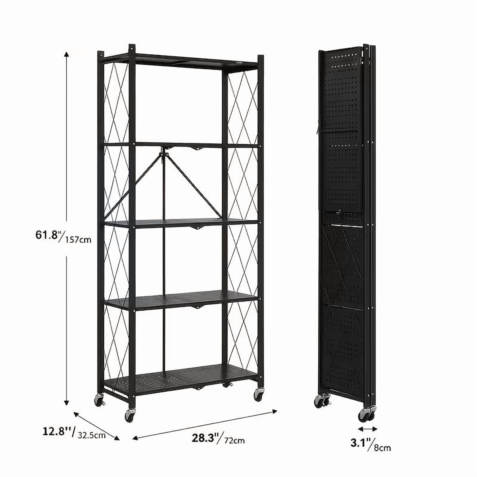 Foldable 5-Tier Heavy Duty Storage Rack with Wheels,Rolling Utility Cart for Kitchen, Garage, Living Room, Study, Basement
