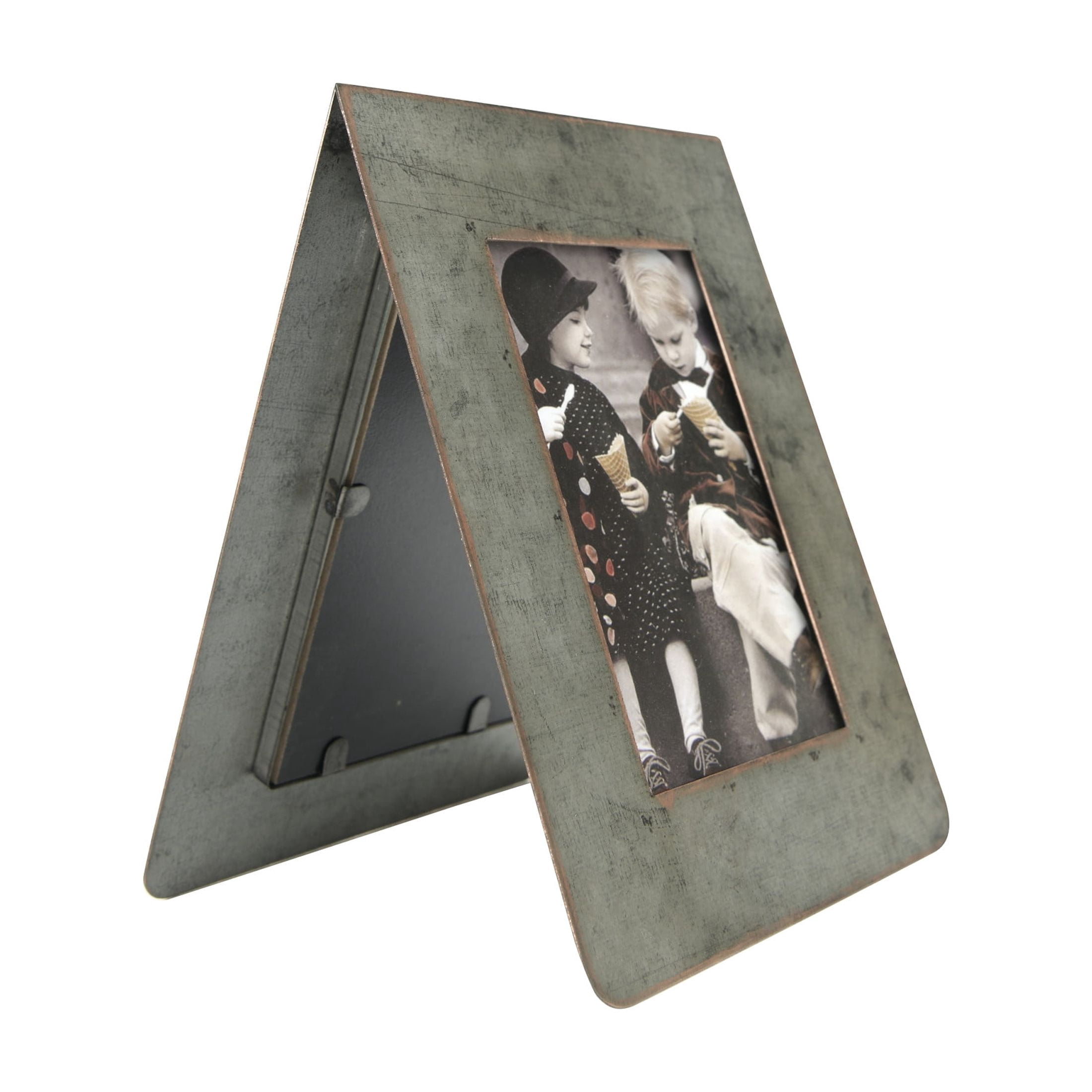 Creative Co-Op Galvanized 2-Sided Standing Picture Frame, Holds 3" x 5" Photos, 9.75" H