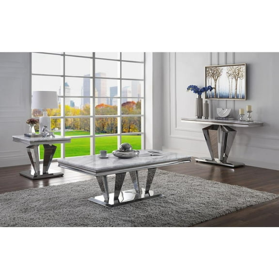 ACME Satinka Coffee Table, Light Gray Engineered Marble & Mirrored Silver Finish