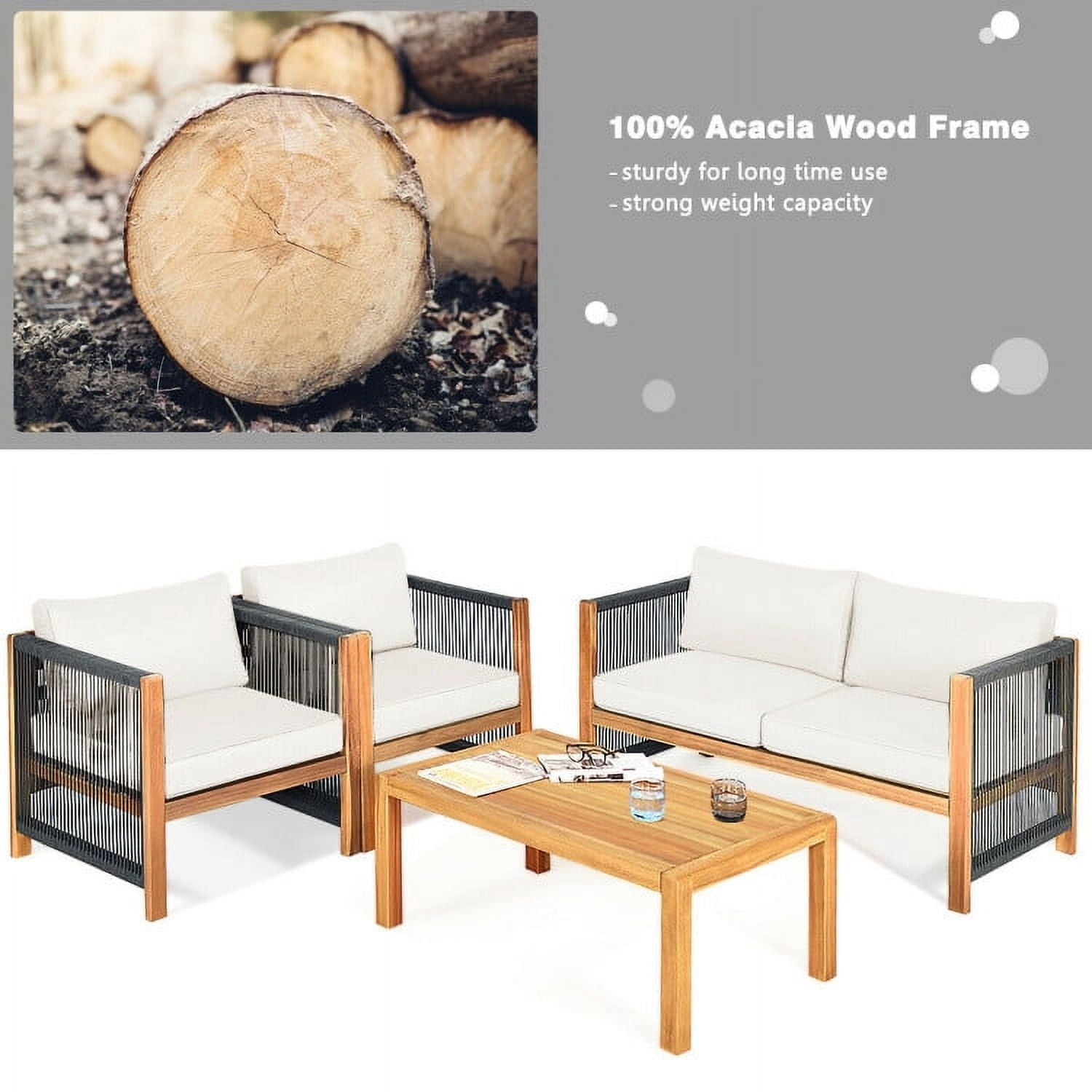 Aimee Lii 4 Pieces Acacia Wood Outdoor Patio Furniture Set with Cushions, Wooden Patio Furniture Set, White Aimee Lii 4 Pieces Acacia Wood Outdoor Patio Furniture Set with Cushions, Wooden Patio Furniture Set, White