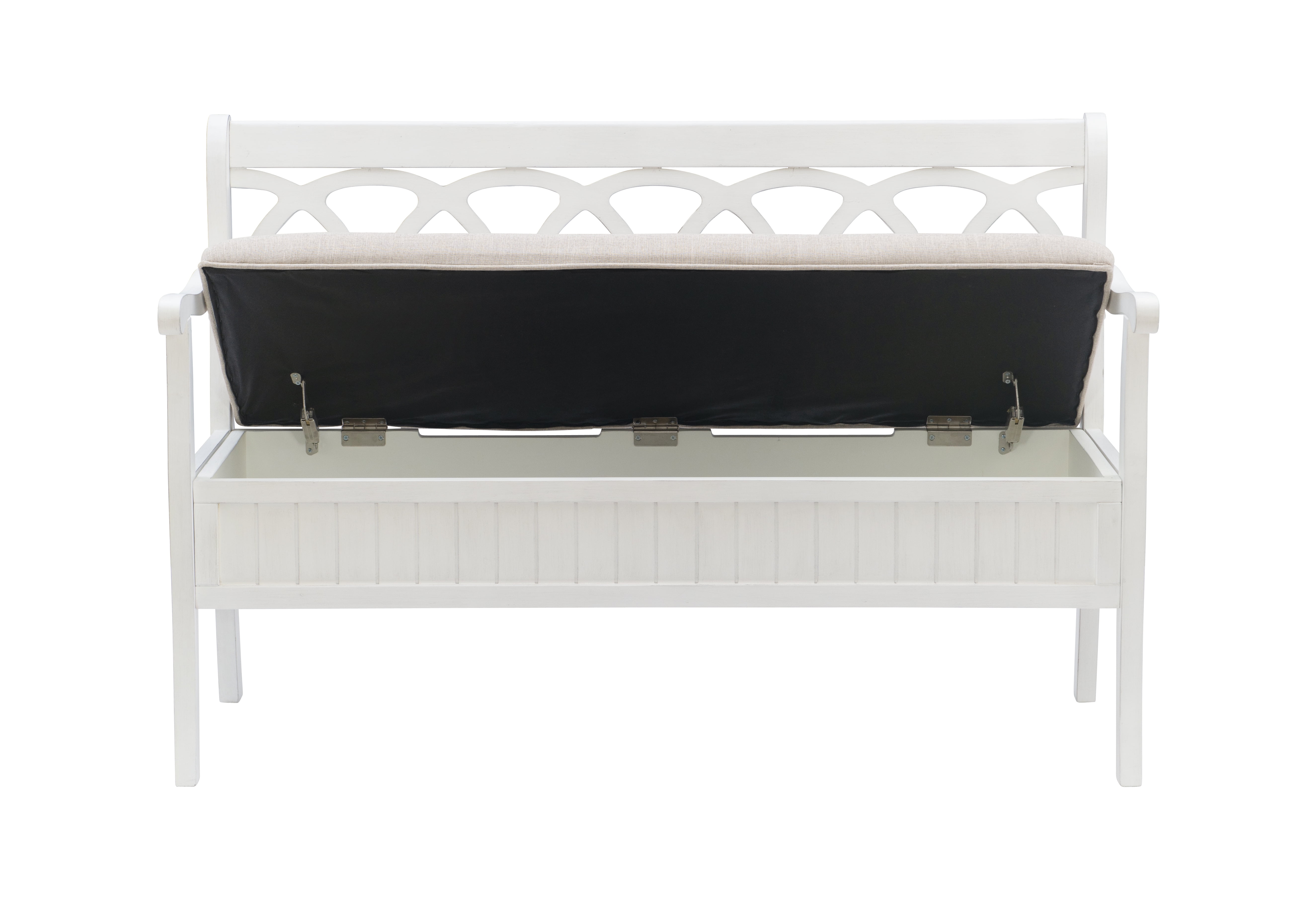 Linon Elliana Storage Bench Beige Padded Seat Cutout Back Design in White Wood