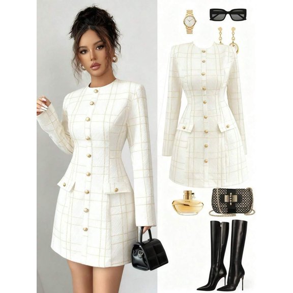 White Plaid Tailored Long Sleeve Mini Jacket Dress With Gold Buttons