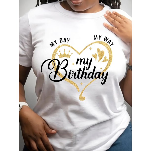 Camisetas para mujer, de verano, casual, manga corta, cuello redondo, con estampado, color blanco negro, blusaMy Birthday Graphic Print T-Shirt, Short Sleeve Crew Neck Casual Top For Summer & Spring