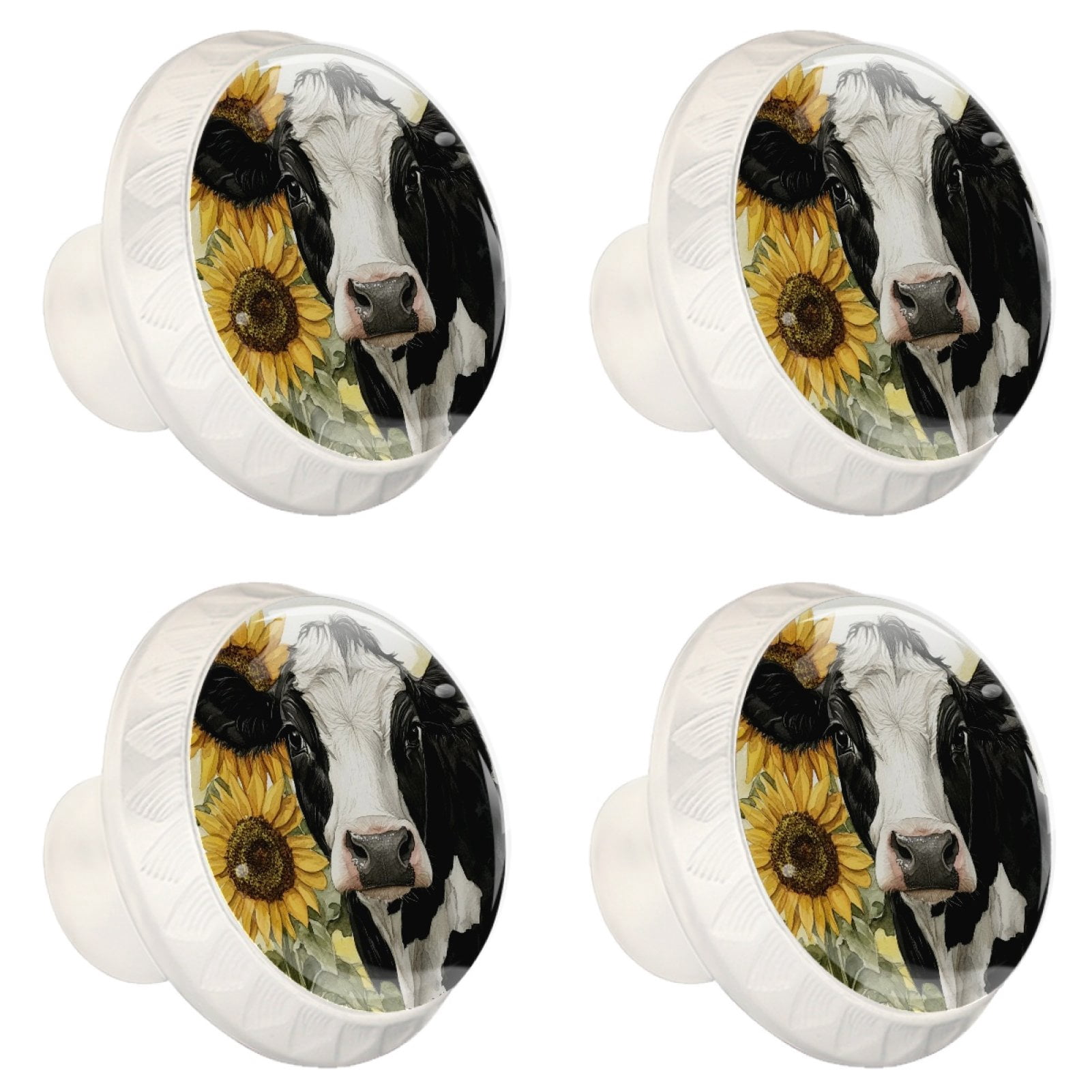 4 Pcs Cow and Sunflower Knobs for Kitchen Cabinet Cupboard Dresser Bookcase Drawer Pulls Handles Round Home Decor