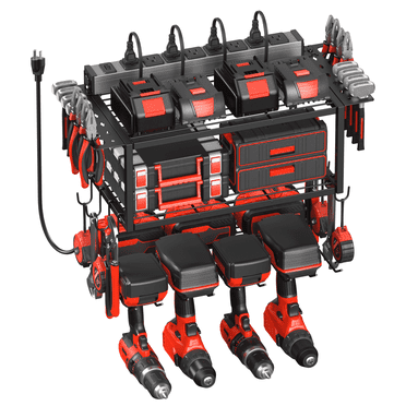 VILONG Heavy Duty Power Tool Organizer Wall Mount with 8-Outlet Charging Station, 1200J Surge Protector, Battery Storage & 4-Drill Rack for Garage, Black