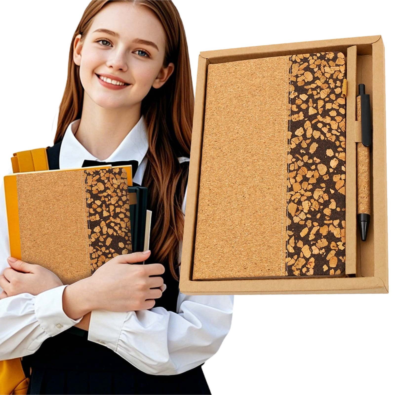 A5 Cork Fabric Notebook Kraft Paper Set Notepad-Cork Kraft Paper Set,Lined Journal Notebook with Cork Leather Cover and Pen,A5 Hardcover Notebook for Writing and Journaling (C)