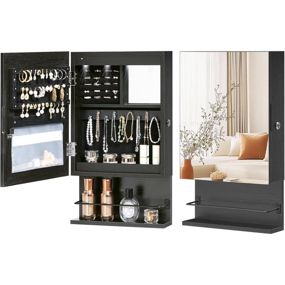 Wall Mounted Jewelry Cabinet, LED Jewelry Armoire with Interior Mirror, Hanging Jewelry Organizer for Wall, Lockable Jewelry Storage Cabinet, 3.9 x 11.8 x 20.9 Inches, Christmas Gifts, Black
