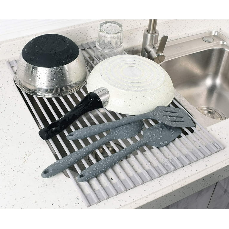 20.5 inches L x 13 inches W Roll-Up Dish Drying Rack Large Over The Sink ,  Heat-Resistant Anti-Slip Silicone Coated Stainless Steel Dish Drainer
