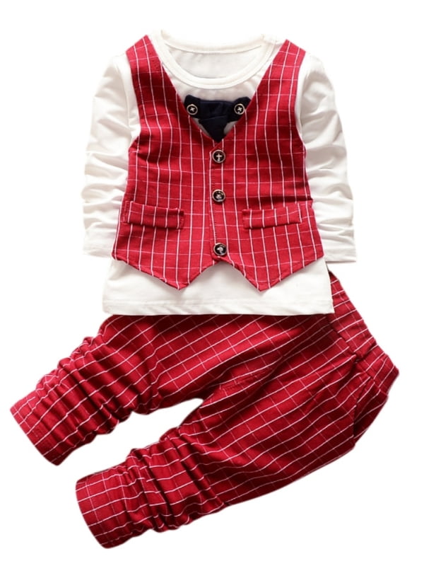 2pcs Gentleman Suit Newborn Baby Boy Checked Top Striped Trousers Wedding Outfit